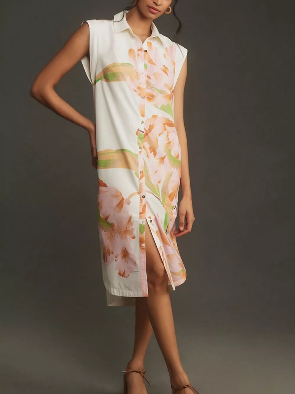 Maeve Cap Sleeve Floral Button-Front Midi Dress in Cream & Peach